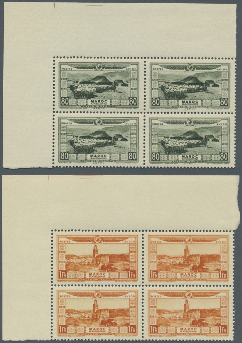 ** Marokko: 1928, Flood Relief, 5c. To 5fr., Complete St Of Ten Values As Marginal Blocks Of Four From The Upper Left Co - Morocco (1956-...)