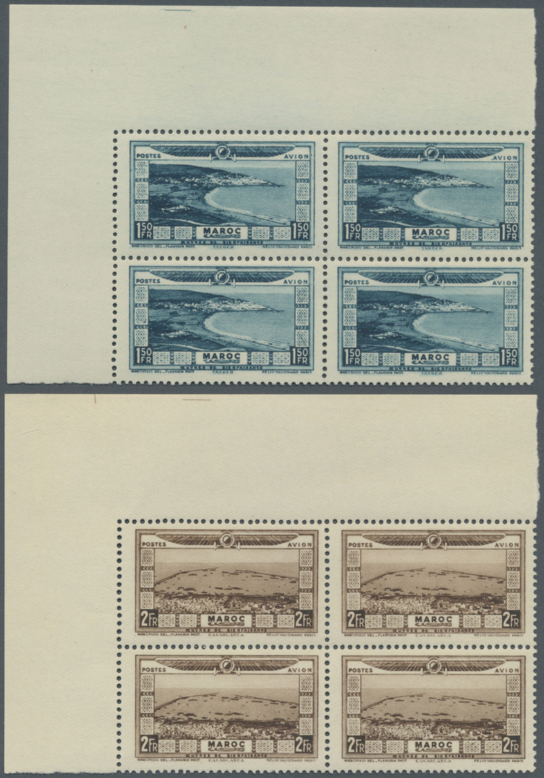 ** Marokko: 1928, Flood Relief, 5c. To 5fr., Complete St Of Ten Values As Marginal Blocks Of Four From The Upper Left Co - Morocco (1956-...)