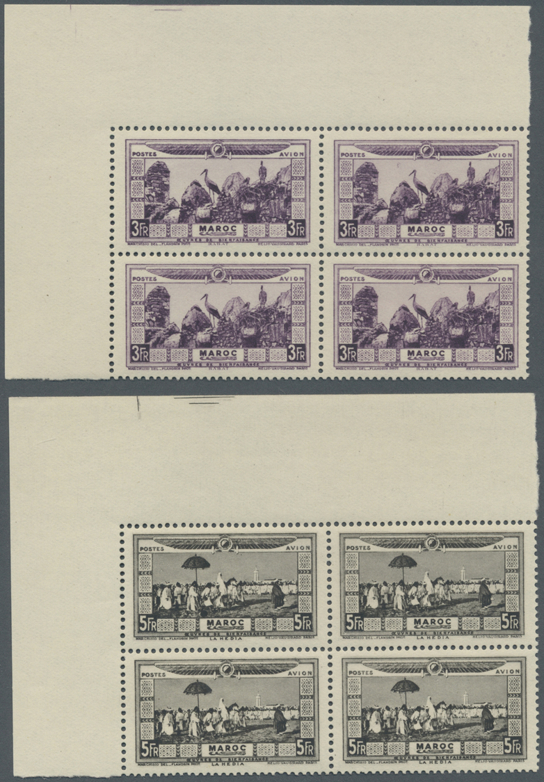 ** Marokko: 1928, Flood Relief, 5c. to 5fr., complete st of ten values as marginal blocks of four from the upper left co