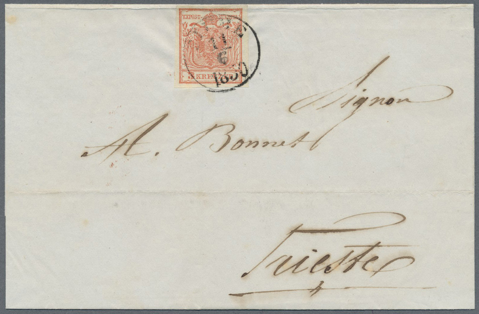 Br Österreich: 1850, 3 Kreuzer Rot, Allseits Vollrandig, Auf Faltbriefhülle In Frühverwendung Mit K1 FIUME, 11/6 - Unused Stamps