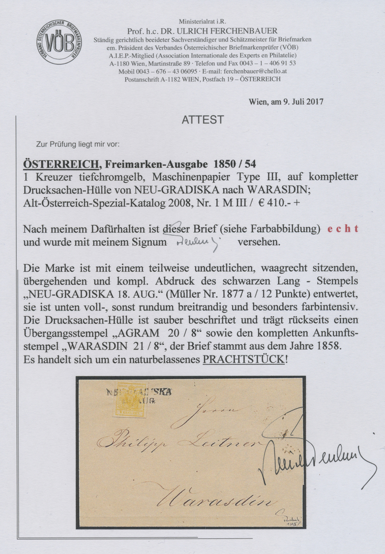 Br Österreich: 1850, 1 Kreuzer Tiefchromgelb Type III Auf Kompletter Drucksachen-Hülle Mit L2 NEU-GRADISKA Nach W - Neufs