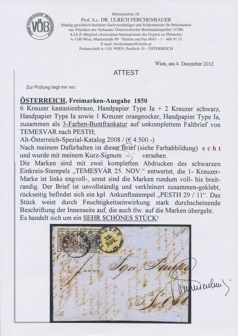 Br Österreich: 1850, Brief Mit Dreifarbenfrankatur 1 Kr. Orangeocker, 2 Kr. Schwarz Und 6 Kr. Kastanienbraun, All - Unused Stamps