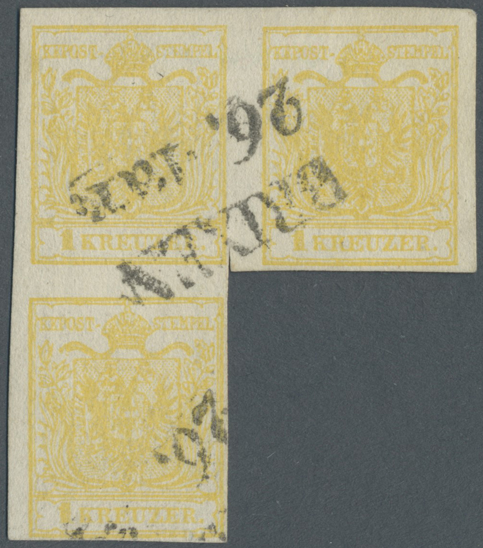 O Österreich: 1850, 1 Kr Chromgelb, Typ III Maschinenpapier, Gut Gerandeter Dreierblock, Teils Entlang Der Randl - Unused Stamps