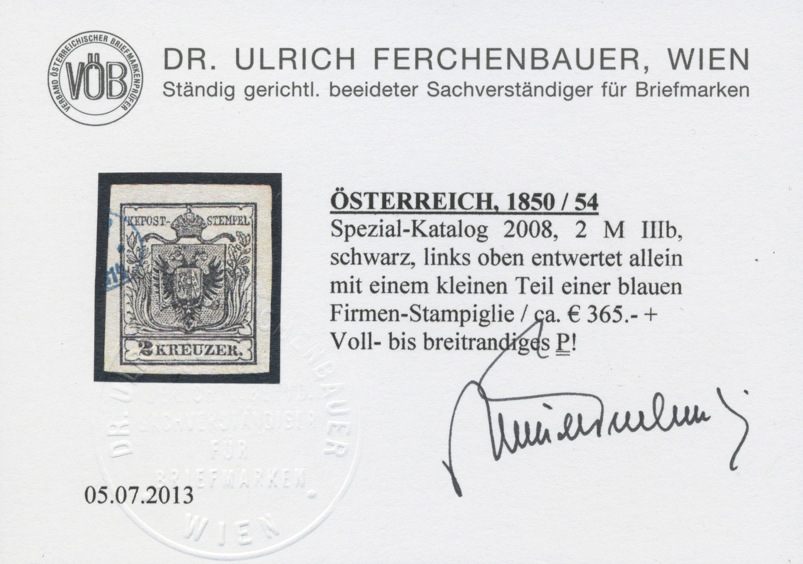 O Österreich: 1850/1854, 2 Kr Schwarz Maschinenpapier, Ausschliessliche Entwertung Durch Teil Einer Blauen Firme - Neufs