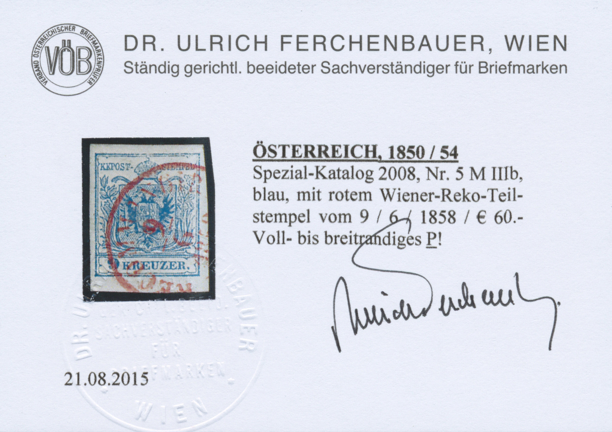 O Österreich: 1854, 1 Kreuzer, 2 Kr und 3 Kr alle sauber gestempelt sowie 2x 9 Kreuzer mit rotem Wiener Rekostem