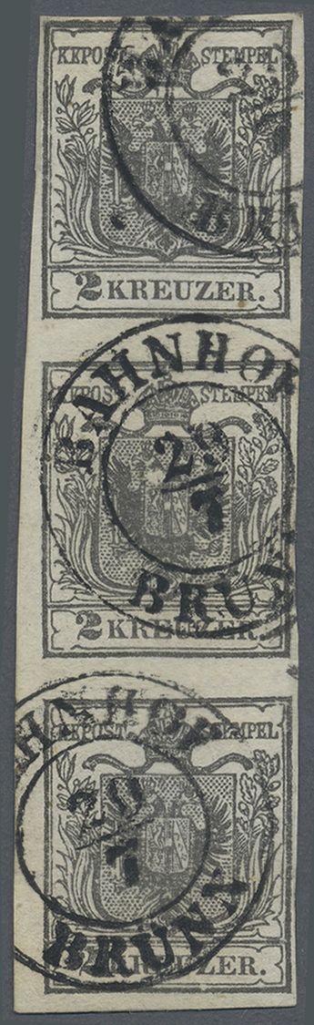 O Österreich: 1850, 2 Kr. Grauschwarz, Type Ia, Allseits Voll- Breitr., Feiner Senkr. 3er-Streifen, Dabei Mittle - Neufs