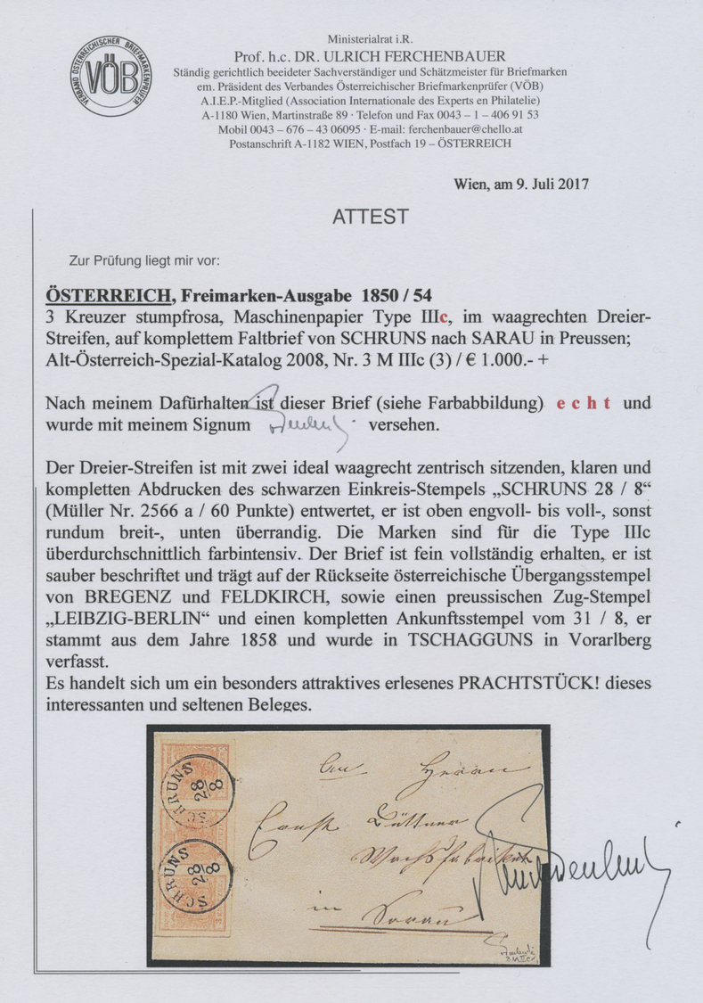 Br Österreich: 1850, 3 Kreuzer Stumpfrosa Im Waager. 3er-Streifen Mit 2 Glasklaren K1 "SCHRUNS" Auf Komplettem Fa - Neufs