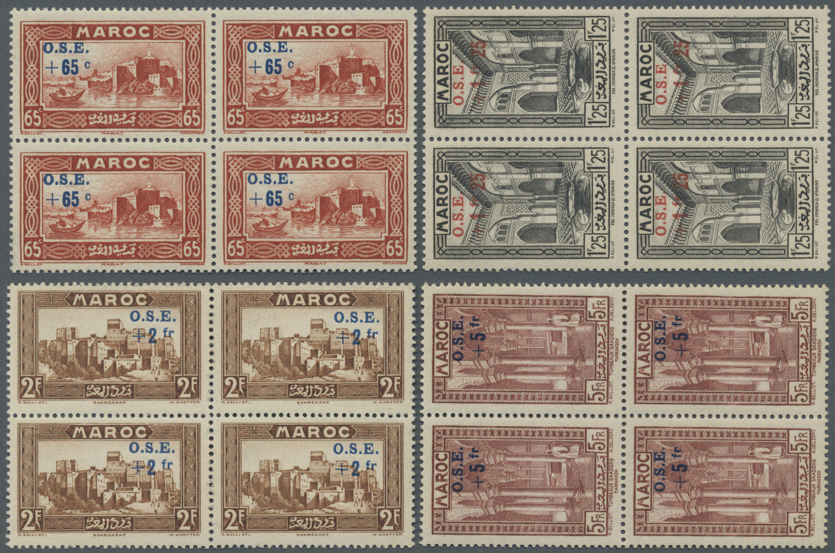** Marokko: 1938, Children's Relief, 2c. To 10f., Complete Set Of Eight Values As Blocks Of Four, Unmounted Mint. Maury  - Morocco (1956-...)