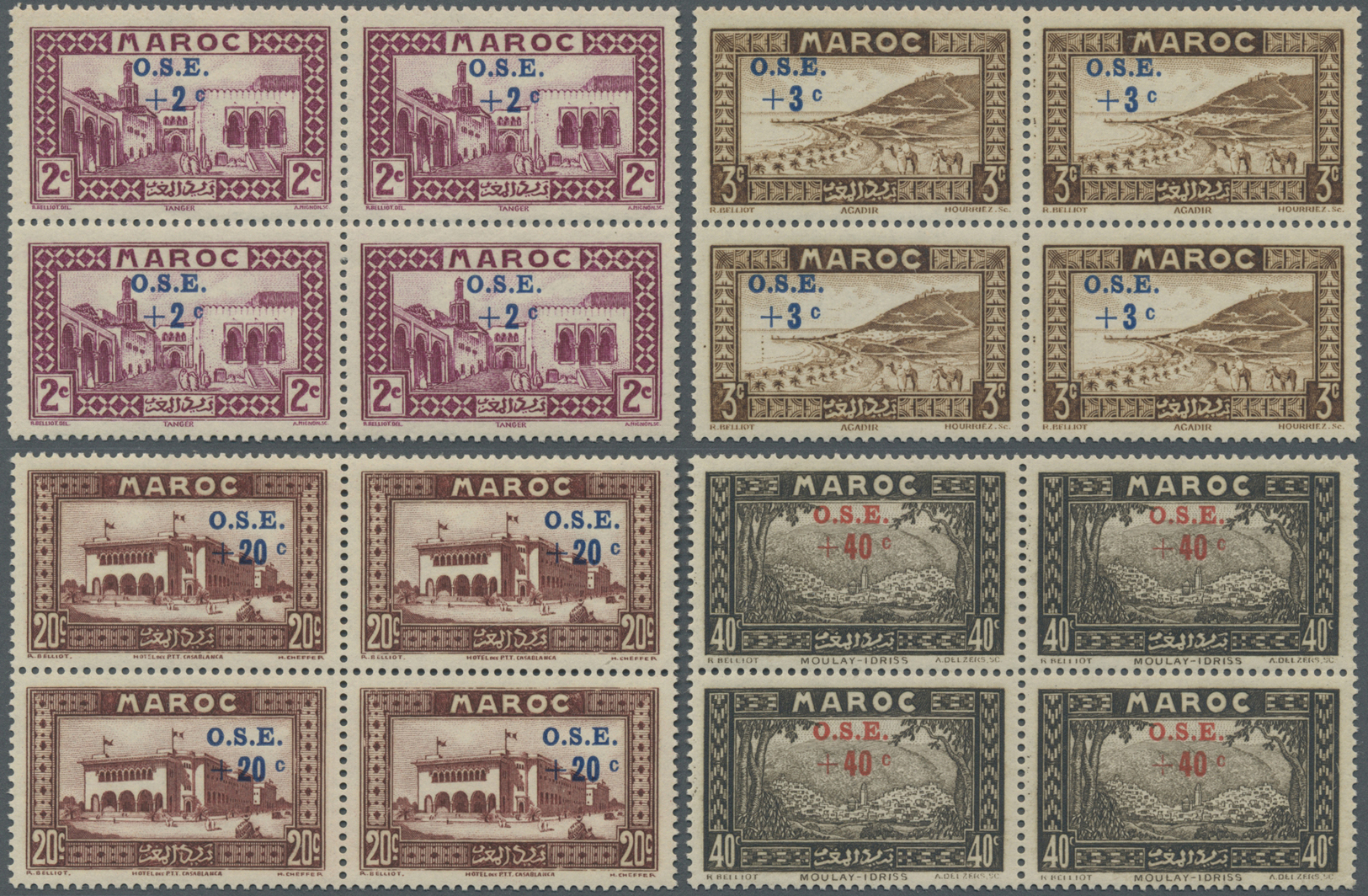 ** Marokko: 1938, Children's Relief, 2c. To 10f., Complete Set Of Eight Values As Blocks Of Four, Unmounted Mint. Maury  - Morocco (1956-...)