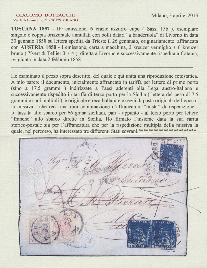 Br Österreich: 1850: Brief Aus Triest Vom 26. Januar 1858, Frankiert 3 Kreuzer Orange Und 6 Kreuzer Braun Der Ers - Unused Stamps
