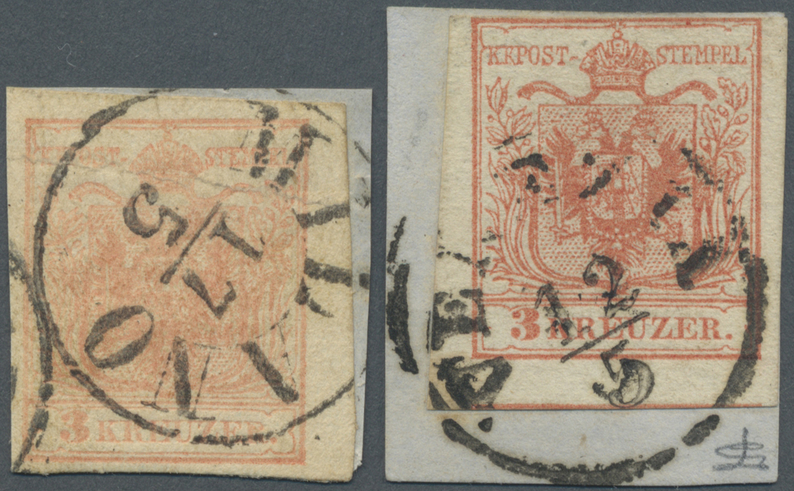 Brrst Österreich: 1850/1854, Zwei Briefstücke Mit Je 3 Kreuzer Rot Und Lombardei-Venetien Stempel K1 MILANO 17/5 Bzw - Unused Stamps