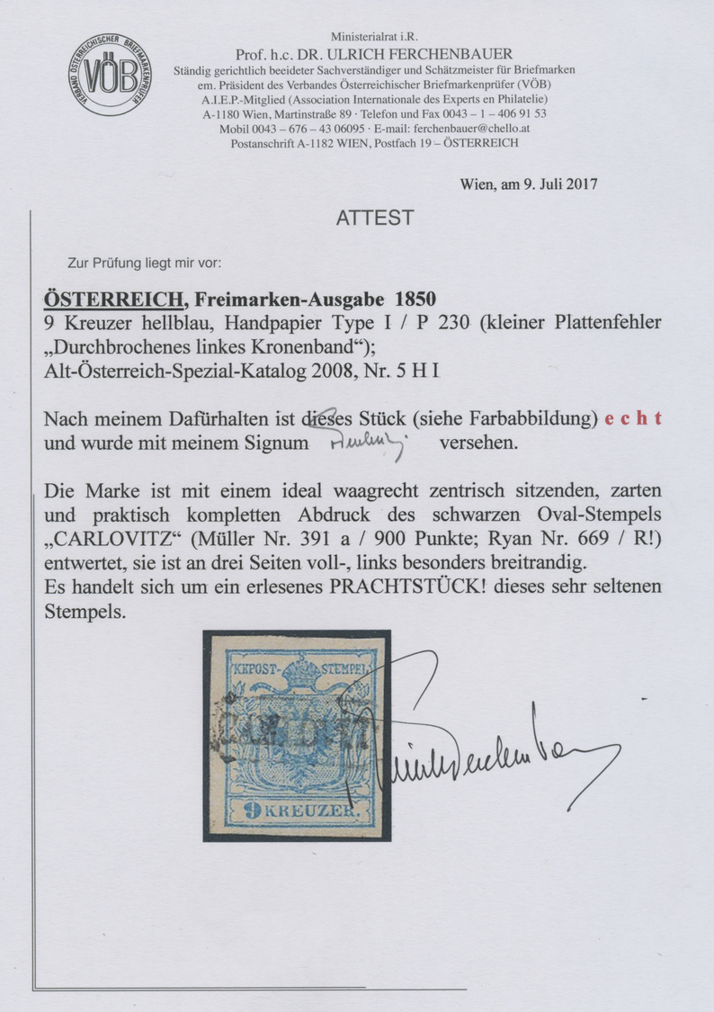 O Österreich: 1850, 9 Kreuzer Hellblau Type I/P230 (kleiner PLATTENFEHLER "Durchbrochenes Li. Kronenband" Mit Id - Unused Stamps