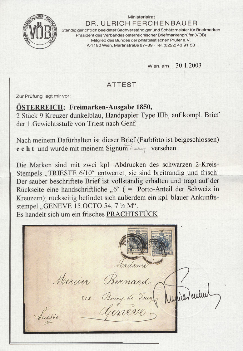 Br Österreich: 1850: Wappenzeichnung 9 Kr. Dunkelblau, Type IIIb, Zwei Breitrandige Exemplare Auf Archivfrischem, - Neufs