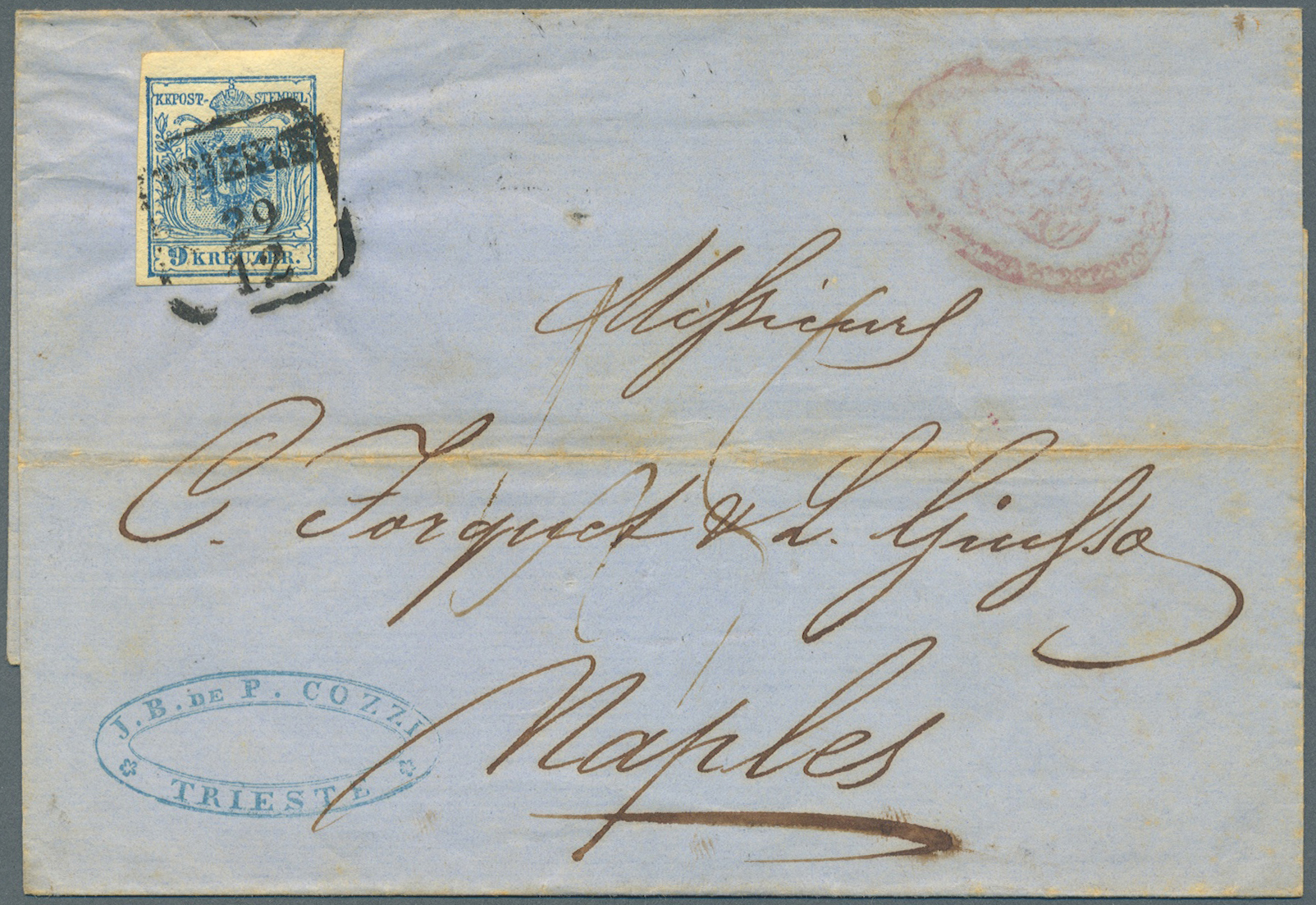 Br Österreich: 1850 Österreich 9 Kr. Blau, Type III, Maschinenpapier, Tadellos Auf Teilfranko-Briefhülle Mit Ra3 - Neufs