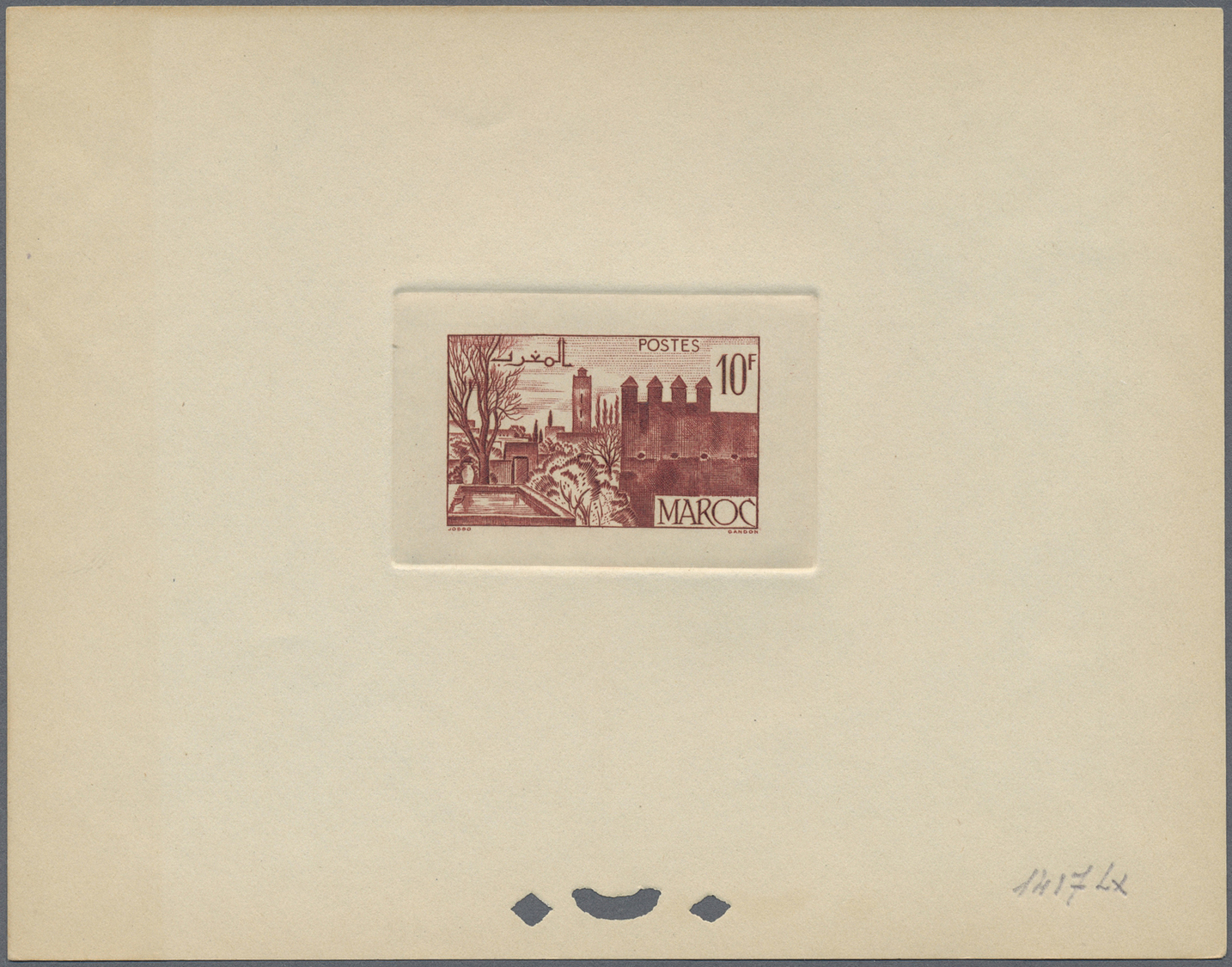 (*) Marokko: 1947/1948, 10fr. Fes, group of six epreuve in differing colours (partly some striated toning). Maury refers