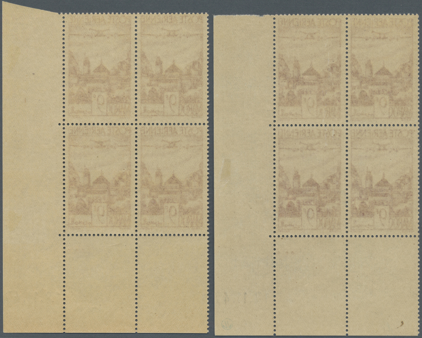 ** Marokko: 1947/1951, Airmails, Group Of Eleven Blocks Of Four From The Lower Right Corner Of The Sheet, With Different - Maroc (1956-...)