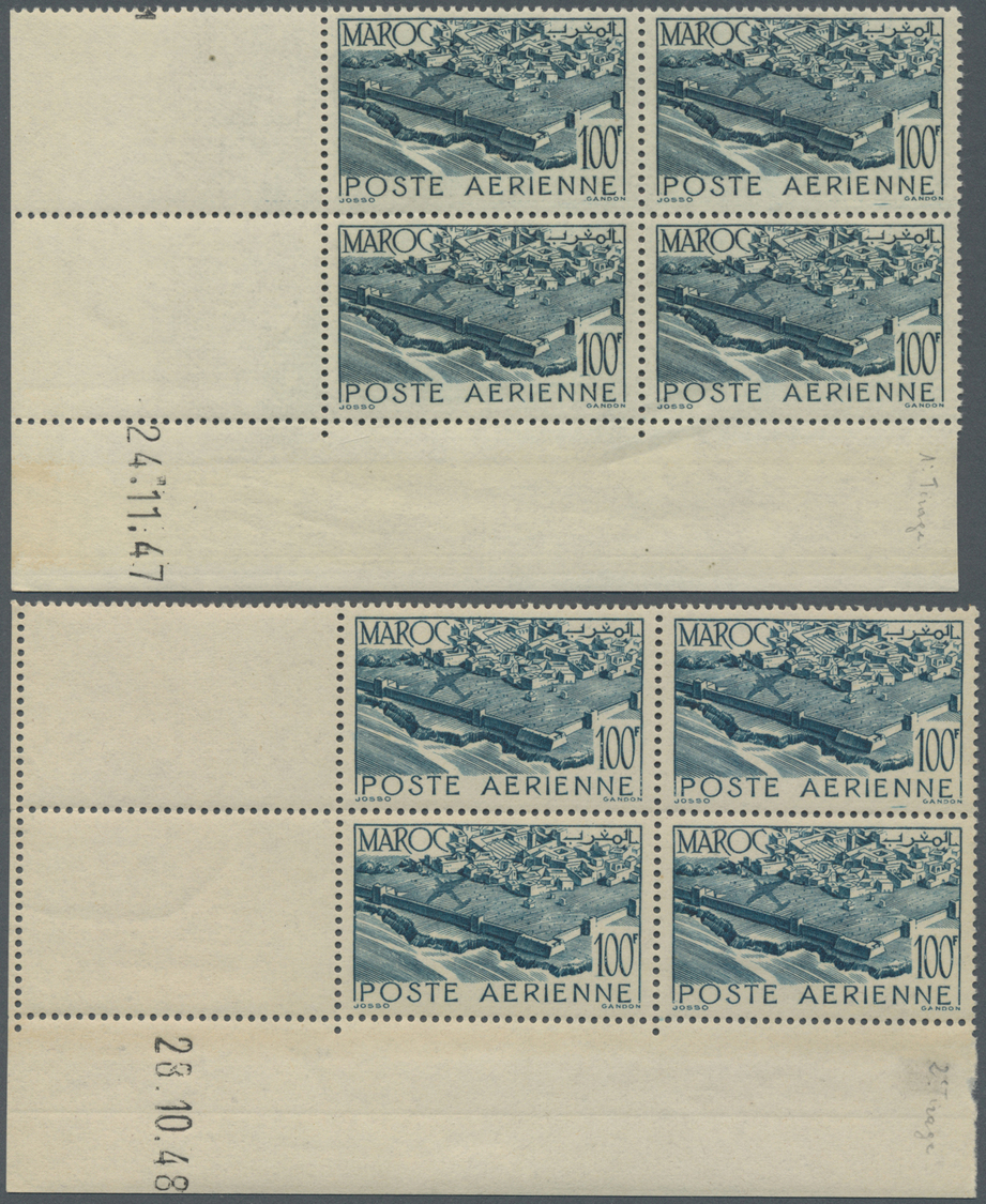 ** Marokko: 1947/1951, Airmails, Group Of Eleven Blocks Of Four From The Lower Right Corner Of The Sheet, With Different - Maroc (1956-...)