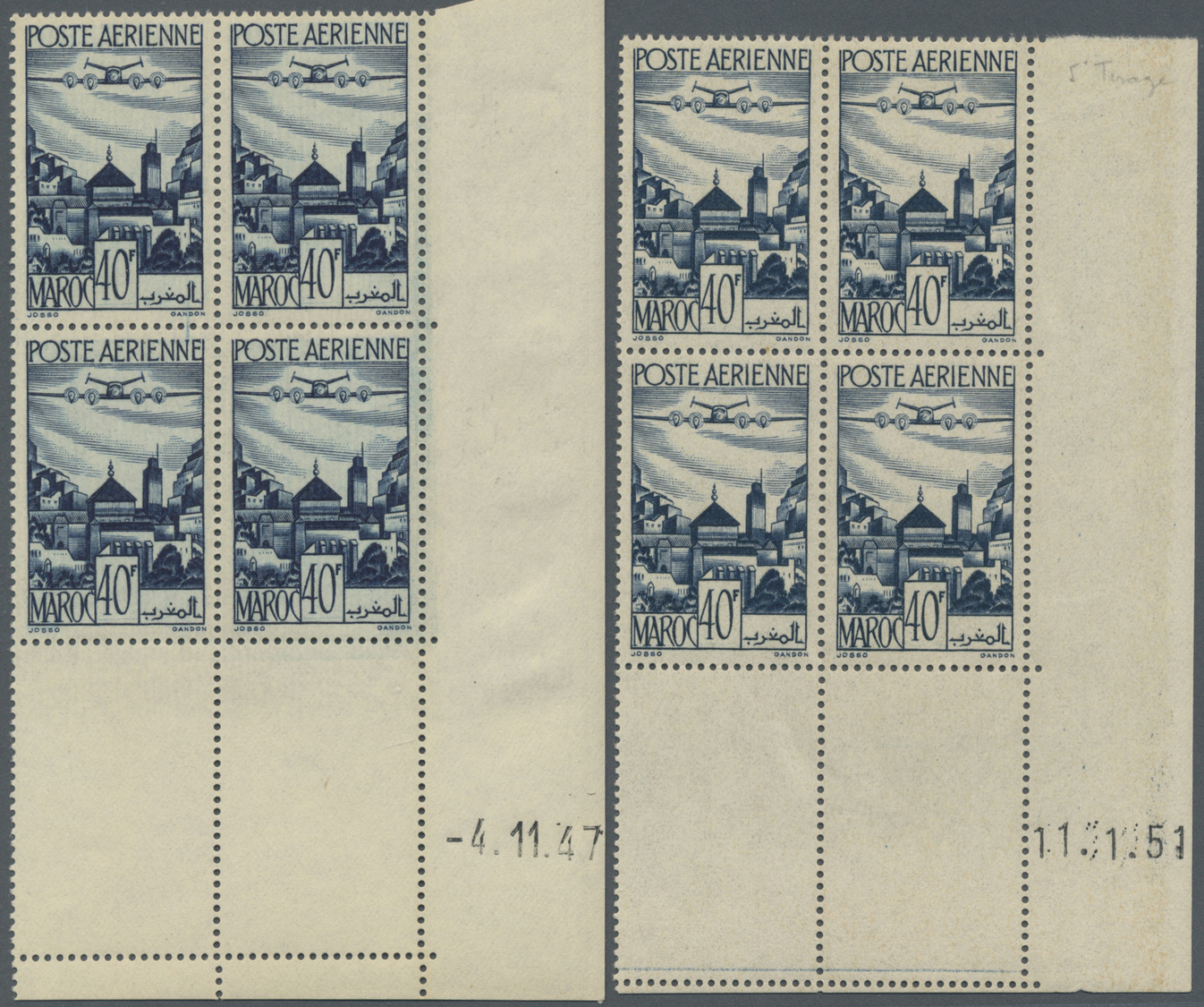 ** Marokko: 1947/1951, Airmails, group of eleven blocks of four from the lower right corner of the sheet, with different