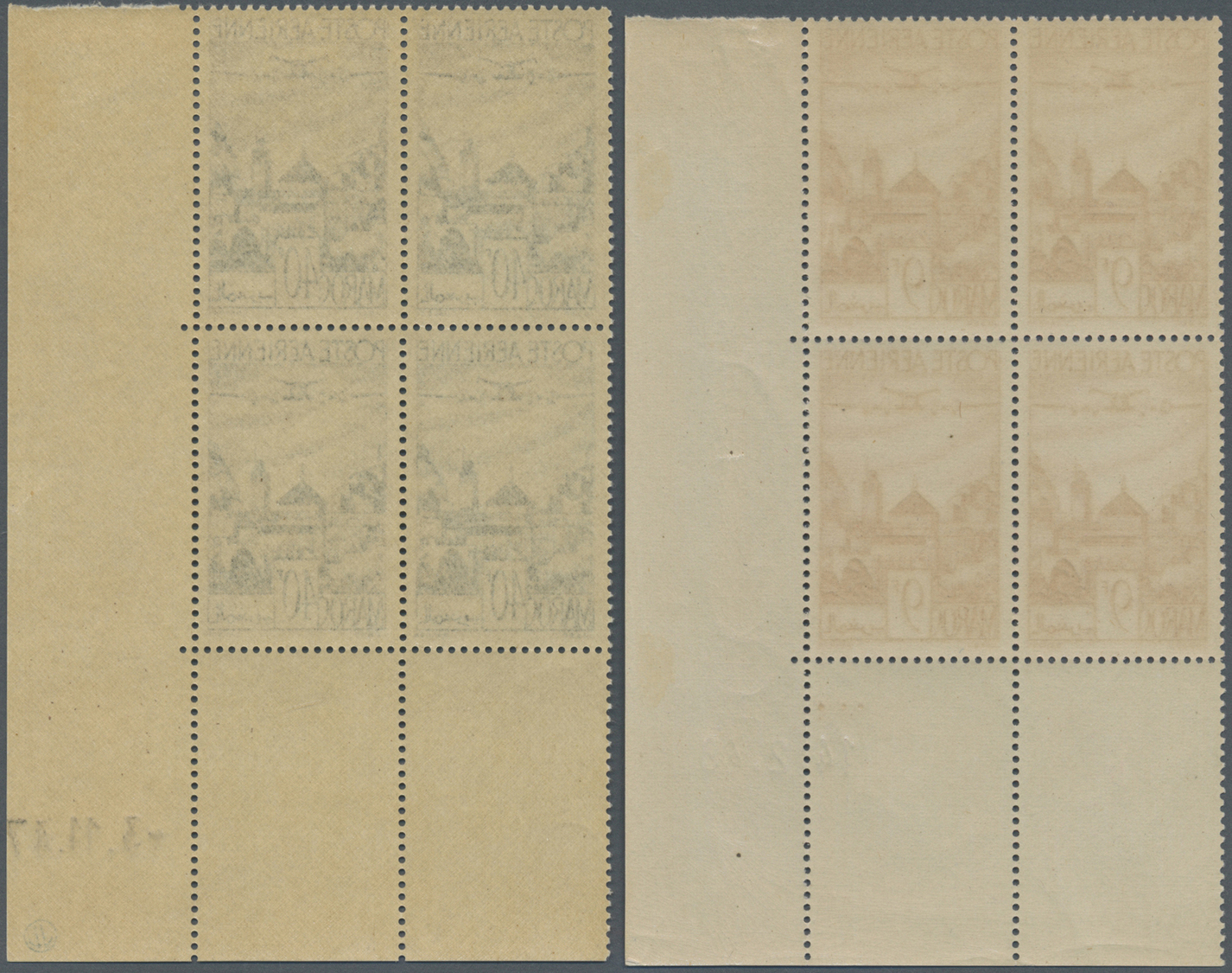 ** Marokko: 1947/1951, Airmails, group of eleven blocks of four from the lower right corner of the sheet, with different