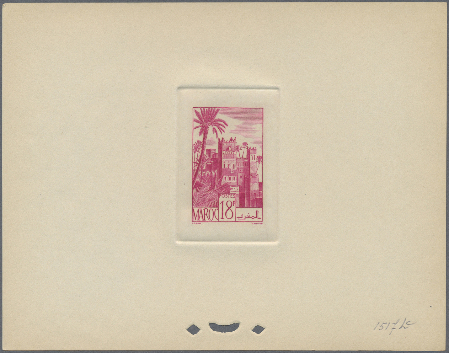 (*) Marokko: 1948, 18fr. Kasbah, group of eight epreuve in differing colours. Maury refers to 277