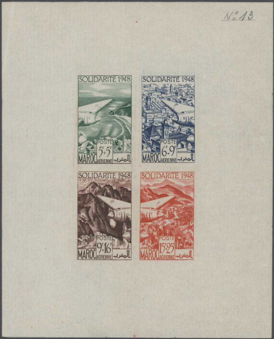 **/(*) Marokko: 1949, "SOLIDARITE 1948", Four Airmail Stamps Each As Epreuve De Luxe; In Addition Four Imperforate Colou - Morocco (1956-...)