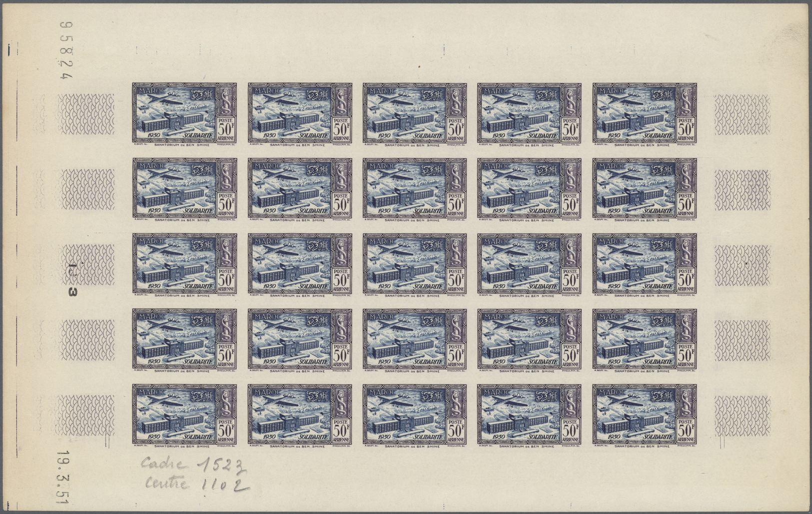 ** Marokko: 1951, 50fr. Sanatorium Of Ben Smine, Imperforate Colour Proof Sheet Of 25 Stamps "blue And Violet", Unmounte - Morocco (1956-...)