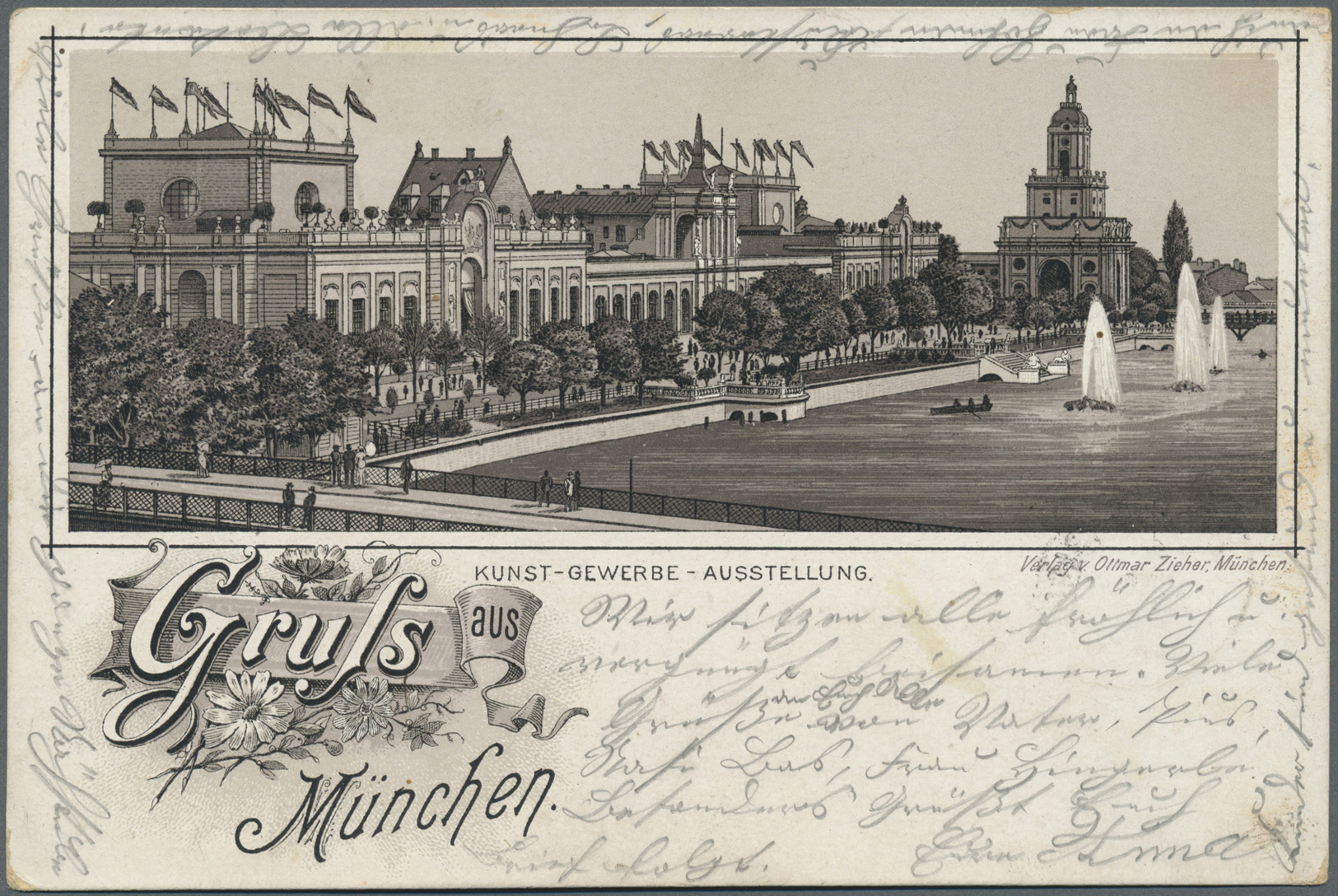 Ansichtskarten: Bayern: MÜNCHEN/KUNST: 4 Karten - 1888 "Gruss aus..." Kunstgewerbeausstellung, "Land