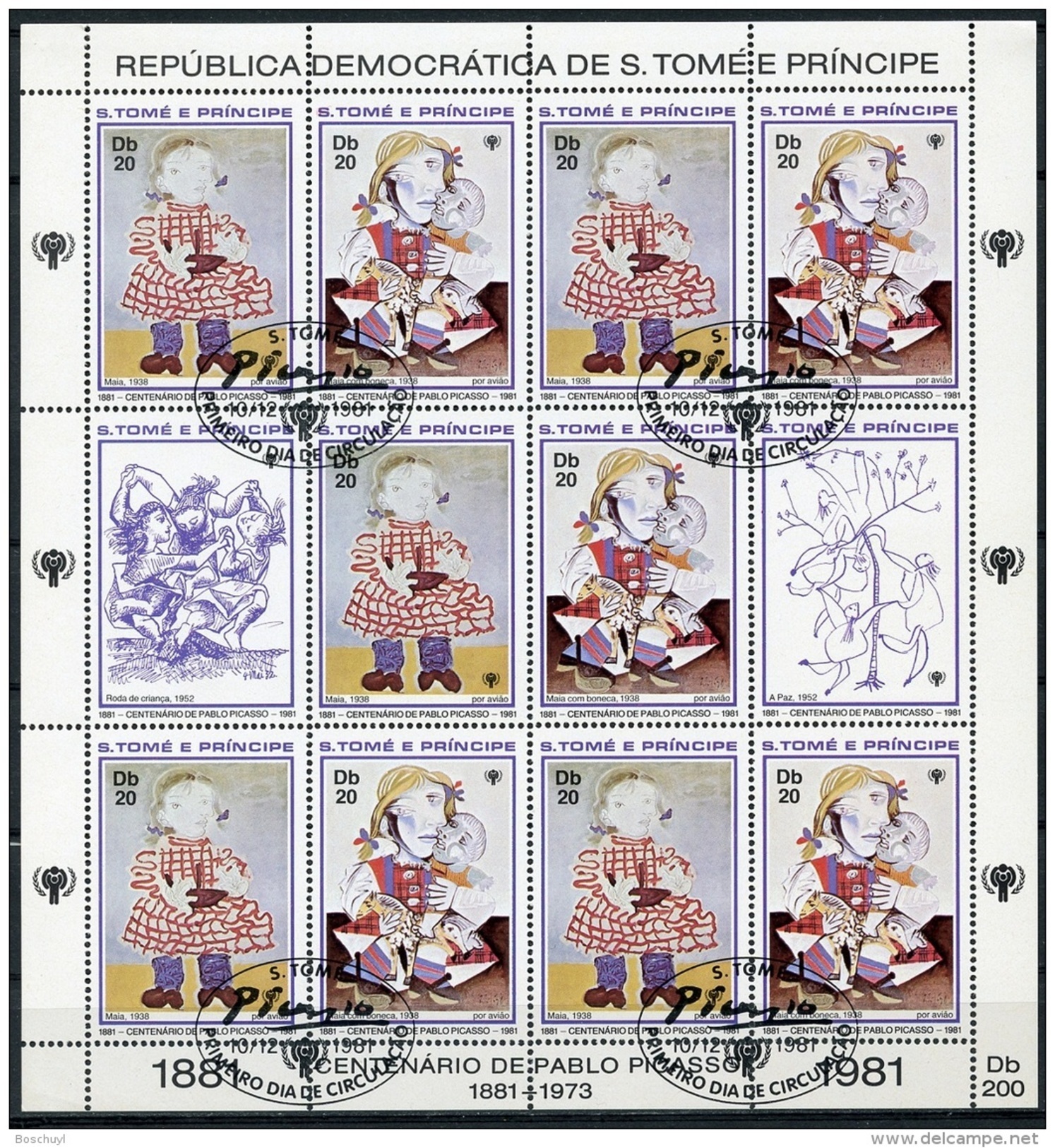Sao Tome E Principe, 1981, Picasso, International Year Of The Child, IYC, United Nations, Cancelled Sheet, Michel 719-20 - Sao Tome Et Principe
