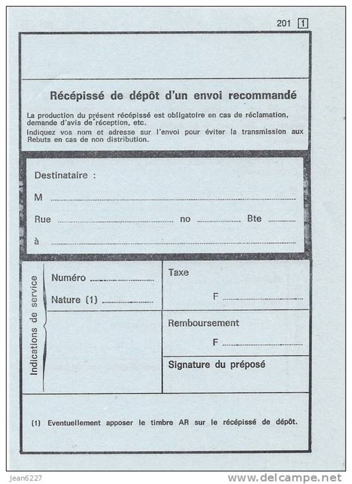 Récépissé De Dépôt D'un Envoi Recommandé - Formule 201 Avec [1] - Dépliants De La Poste