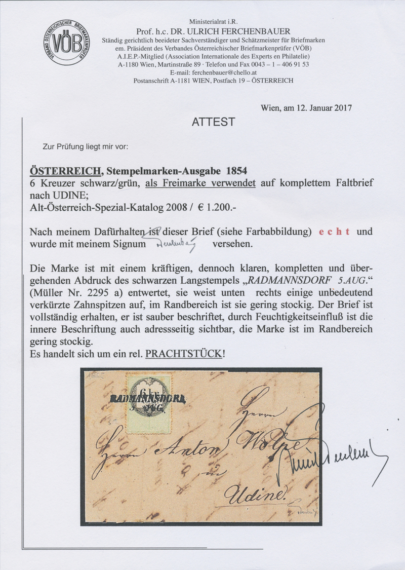 Br Österreich - Stempelmarken: 1855, 6 Kr C.M. Grün/schwarz, Als Freimarke Verwendet Mit übergehendem Stempel L2 - Fiscaux