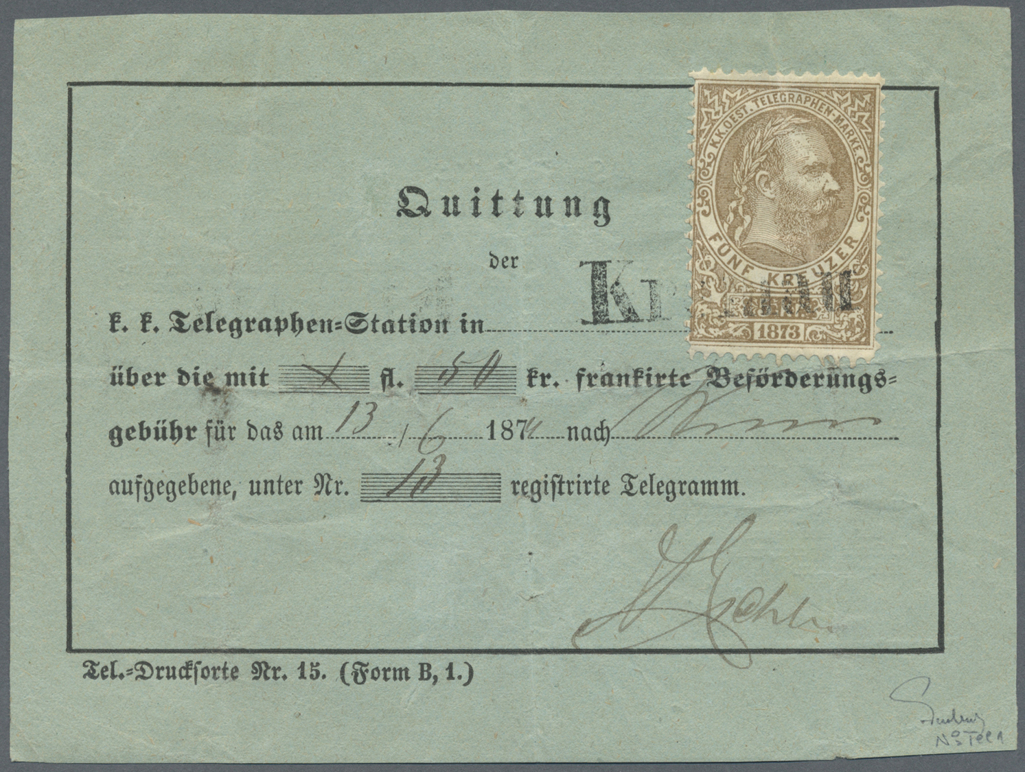 Br Österreich - Telegrafenmarken: Austria Telegraph Stamps 1873, Lithographed 5kr. Brown, Tied By "Krumau" Straig - Télégraphe