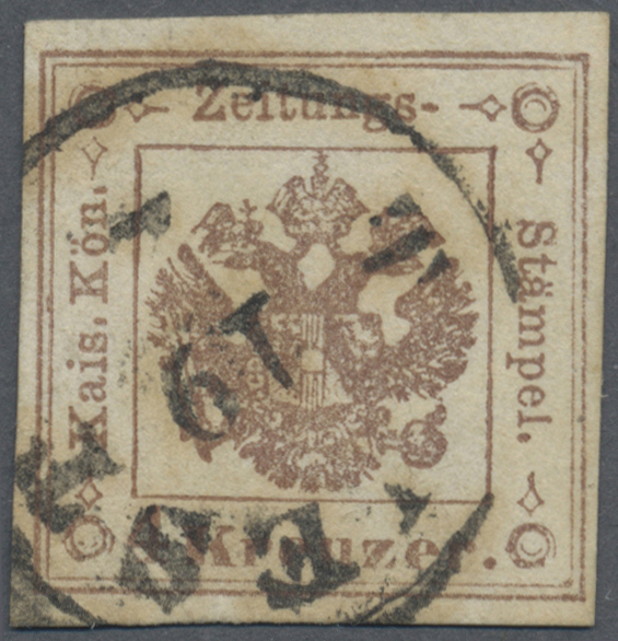 O Österreich - Zeitungsstempelmarken: 1858, Zeitungsstempelmarke 4 Kr. Dunkelbraun, Entwertet Mit Etwas öligem T - Journaux
