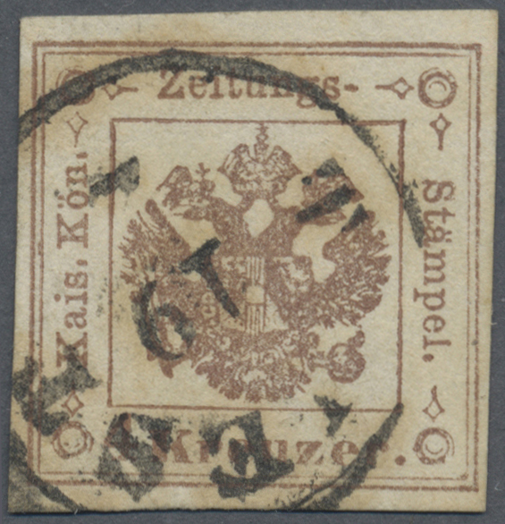 O Österreich - Zeitungsstempelmarken: 1858, Zeitungsstempelmarke 4 Kr. Dunkelbraun, Entwertet Mit Etwas öligem T - Newspapers