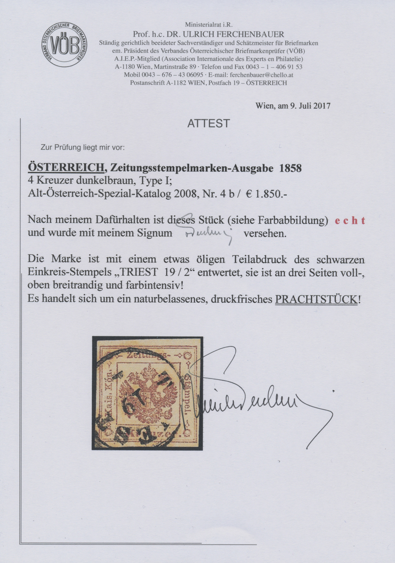 O Österreich - Zeitungsstempelmarken: 1858, Zeitungsstempelmarke 4 Kr. Dunkelbraun, Entwertet Mit Etwas öligem T - Newspapers