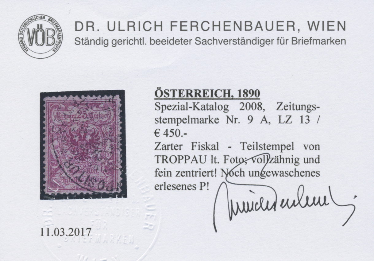 O Österreich - Zeitungsstempelmarken: 1890, 25 Kr Rosarot, Gez. L 13, Mit Sauberem Fiskal-Teilstempel Von Troppa - Newspapers