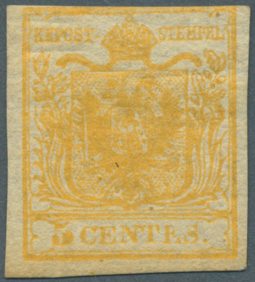 ** Österreich - Lombardei Und Venetien: 1850, 5 C. Orange, Handpapier, Farbintensives Exemplar, Dreiseitig Voll- - Lombardo-Vénétie