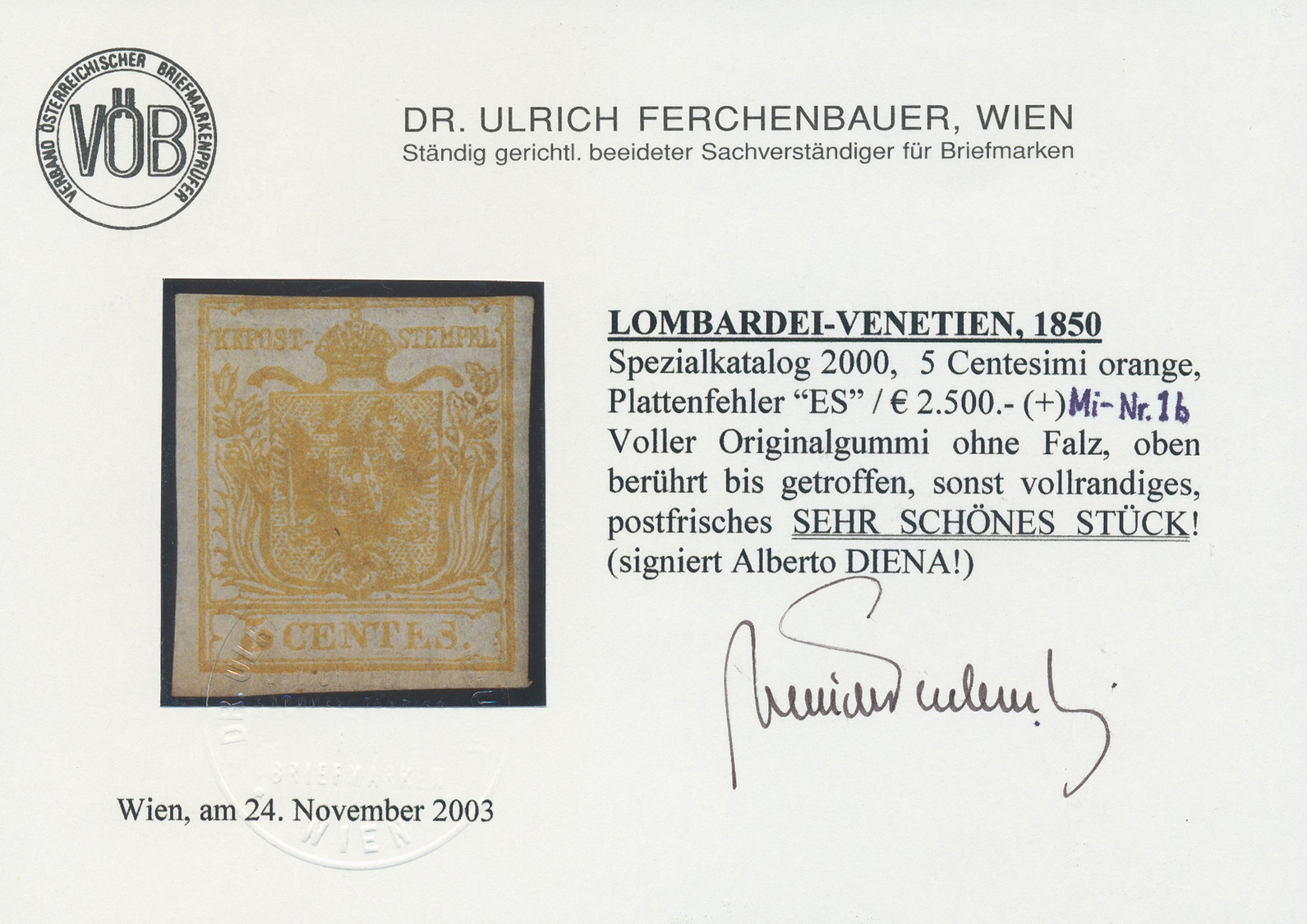 ** Österreich - Lombardei Und Venetien: 1850, 5 C. Orange, Handpapier, Farbintensives Exemplar, Dreiseitig Voll- - Lombardo-Vénétie