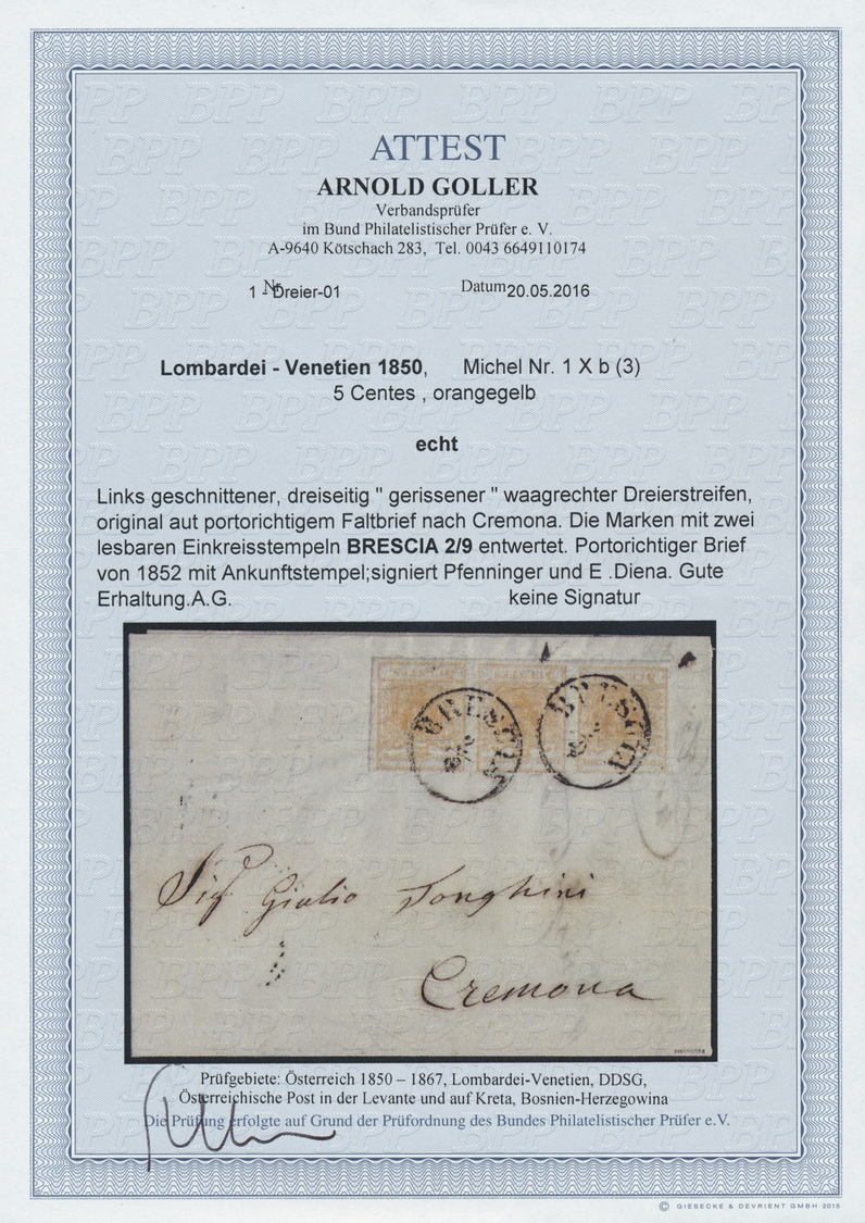 Br Österreich - Lombardei Und Venetien: 1850: 5 Centes, Orangegelb, Dreierstreifen, Links Geschnitten, Drei Seite - Lombardo-Veneto