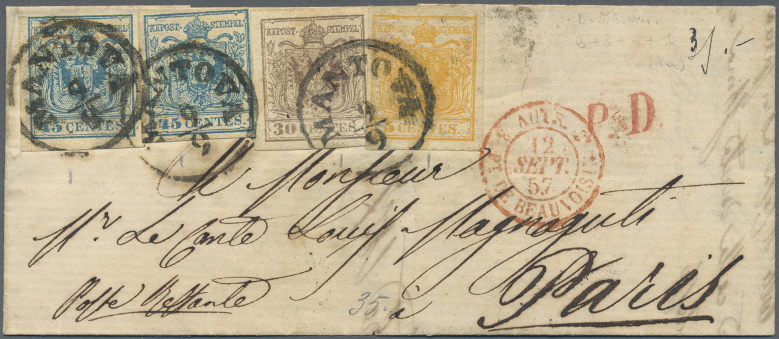 Br Österreich - Lombardei Und Venetien: 1857, 5c. Orange, 30c. Brown And Two 45c. Blue On Folded Envelope With Me - Lombardo-Vénétie