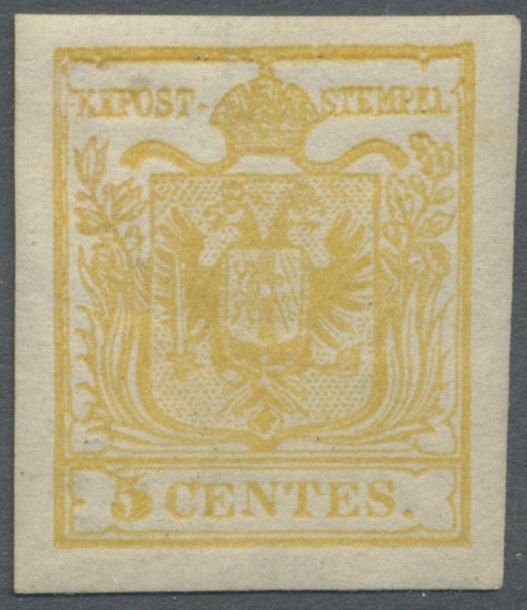 * Österreich - Lombardei Und Venetien: 1850, 5 Centesimi Ockergelb, Ungebraucht, Originalgummi Mit Anhaftungen. - Lombardo-Vénétie