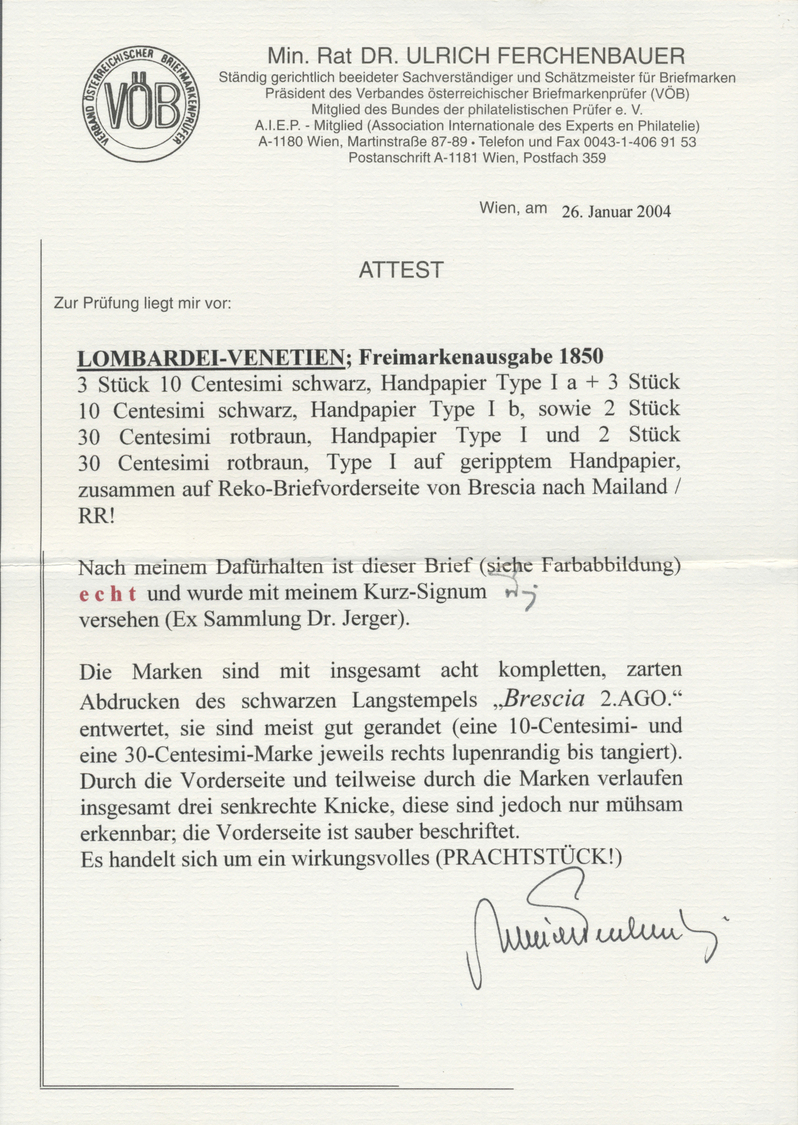 Br/Brrst Österreich - Lombardei Und Venetien: 1850: 3 Stück 10 Centesimi Schwarz, Handpapier Type I A + 3 Stück 10 Cent - Lombardy-Venetia