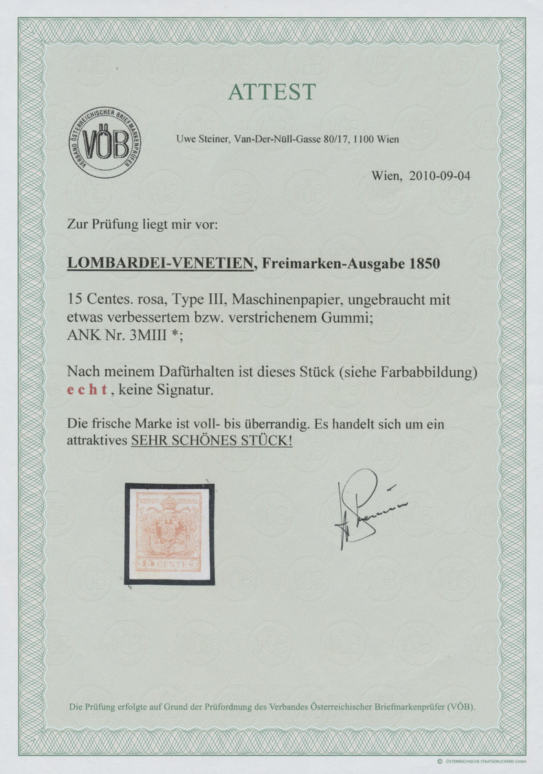 * Österreich - Lombardei Und Venetien: 1850, 15 Cent. Rosa, Maschinenpapier, Type III, Ungebraucht Mit Lt. Attes - Lombardo-Vénétie