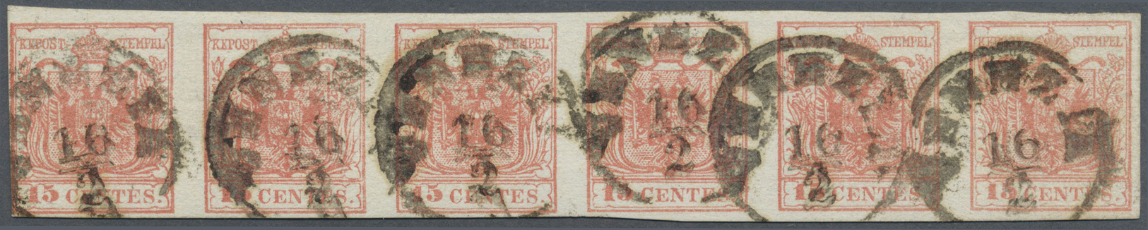 O Österreich - Lombardei Und Venetien: 1856, 15 C. Rot, Maschinenpapier, Farbfrischer Waagerechter 6er-Streifen, - Lombardo-Vénétie