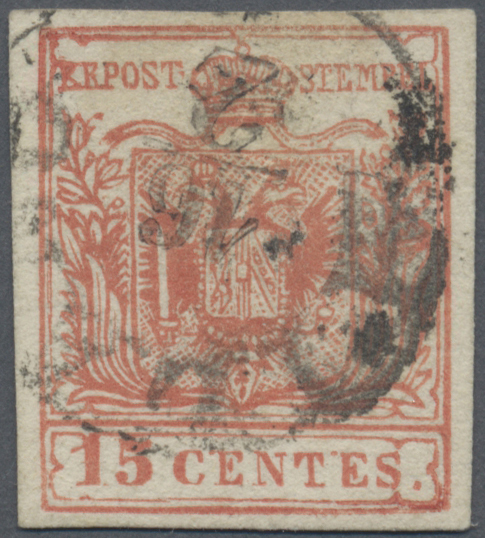 O Österreich - Lombardei Und Venetien: 1857, 15 C. Rosso Vermiglio, MAILÄNDER POSTFÄLSCHUNG, Type I, Allseits Vo - Lombardo-Vénétie