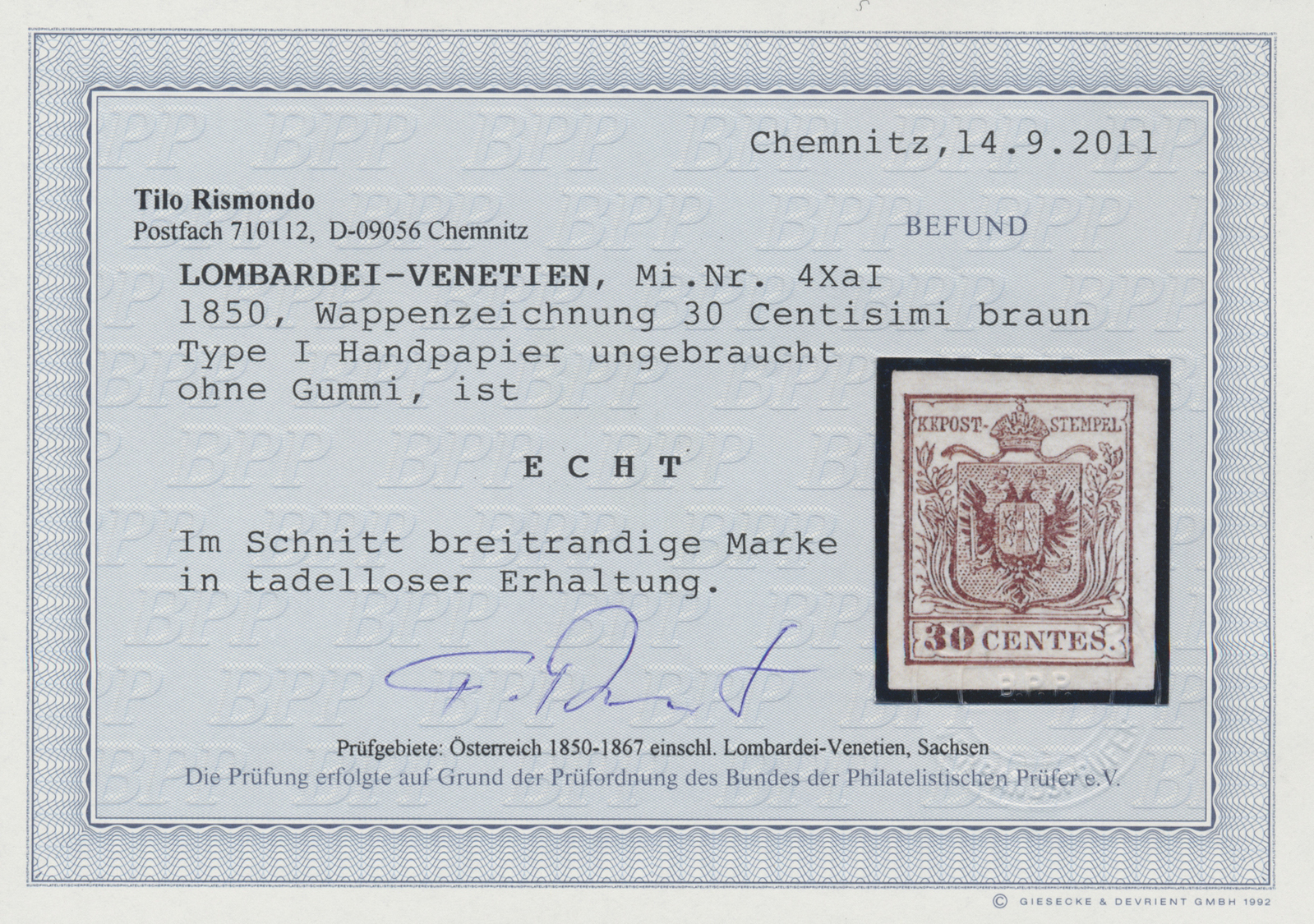 (*) Österreich - Lombardei Und Venetien: 1850, 30 C. Braun, Handpapier, Farbfrisches Ungebrauchtes Exemplar Ohne G - Lombardy-Venetia
