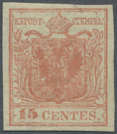 * Österreich - Lombardei Und Venetien: 1854, 15 Cent. Rot Vollrandig Ungebraucht, Restgummi, Oben Schräger Einri - Lombardo-Vénétie