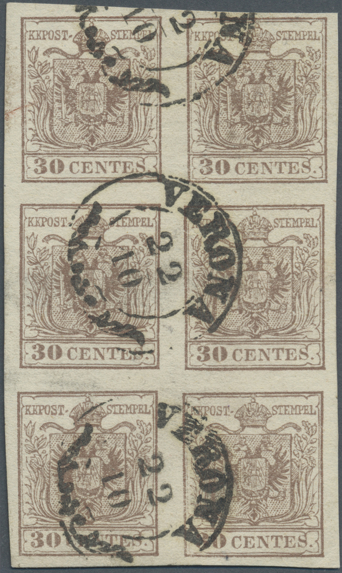 O Österreich - Lombardei Und Venetien: 1850, 30c. Brown Machinepaper Block Of Six Tied By "VERONA 22/10" Cds., I - Lombardo-Vénétie