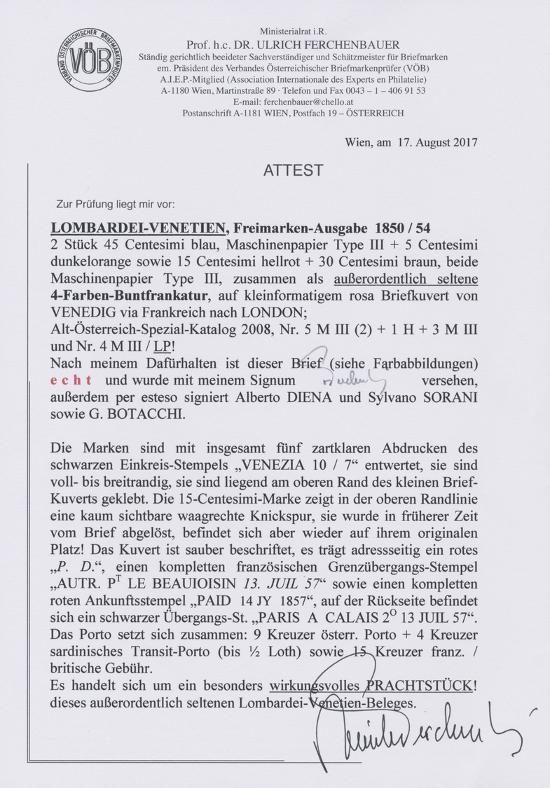 Br Österreich - Lombardei Und Venetien: 1850/54. AUSSERORDENTLICH SELTENE 4 FARBEN BUNTFRANKATUR Bestehend Aus 2 - Lombardo-Vénétie
