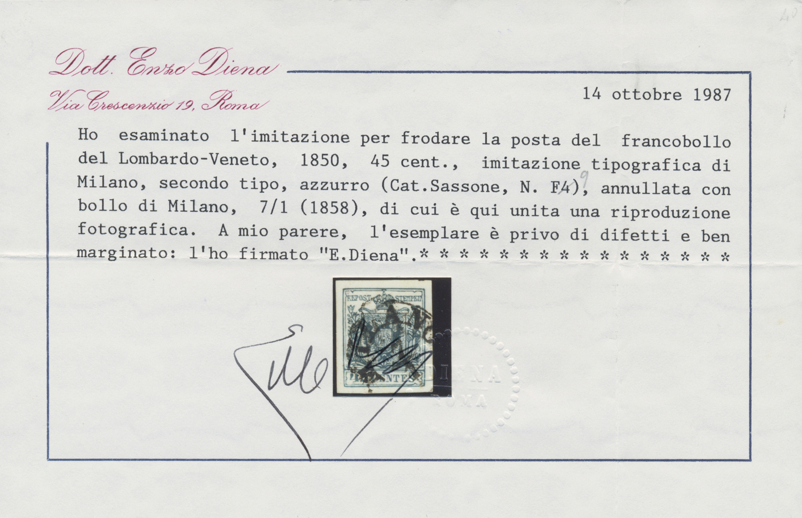 O Österreich - Lombardei Und Venetien: 1850, 45 C. Dunkelblau (Azzurro Scuro), "Mailänder Postfälschung", Type I - Lombardo-Vénétie