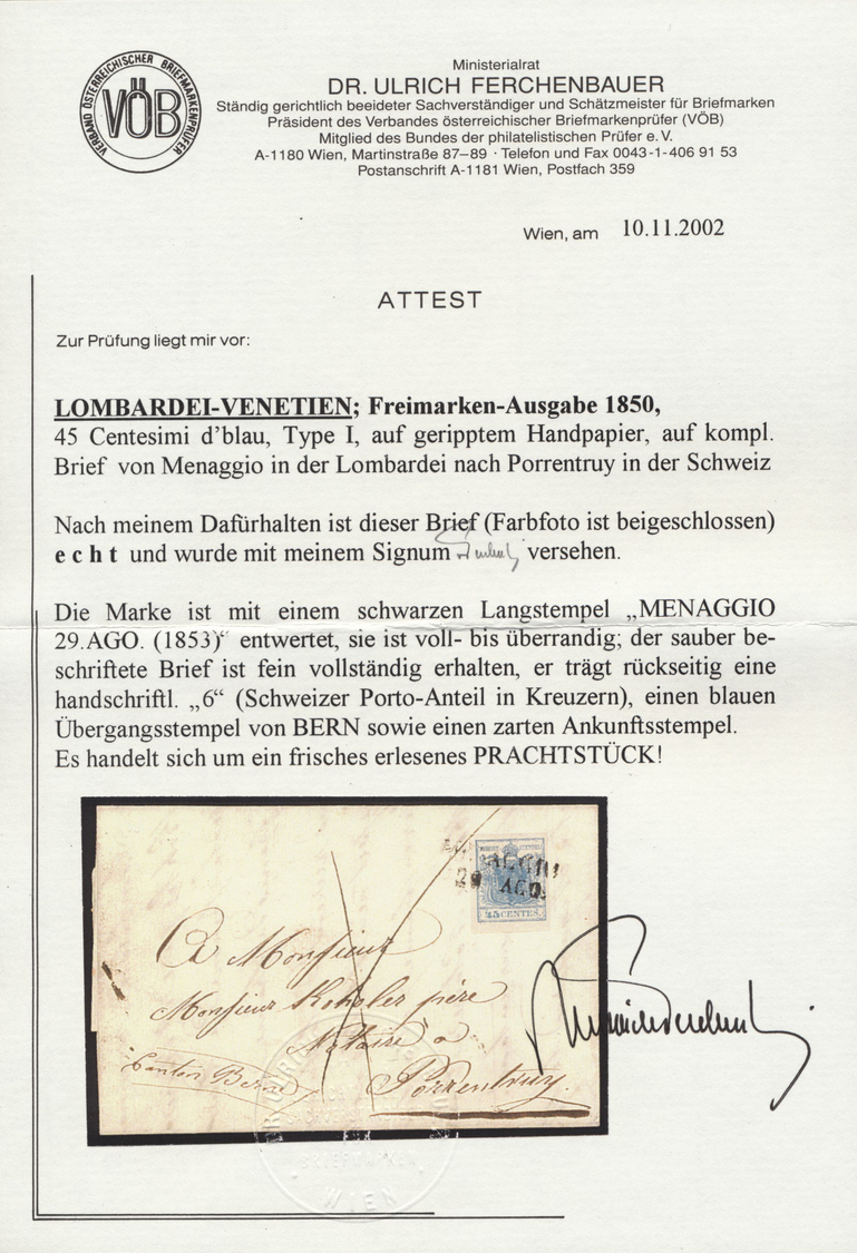 Br Österreich - Lombardei Und Venetien: 1850: 45 C. Dunkelblau, Type I, Geripptes Papier, Breitrandig Auf Weißem - Lombardo-Vénétie